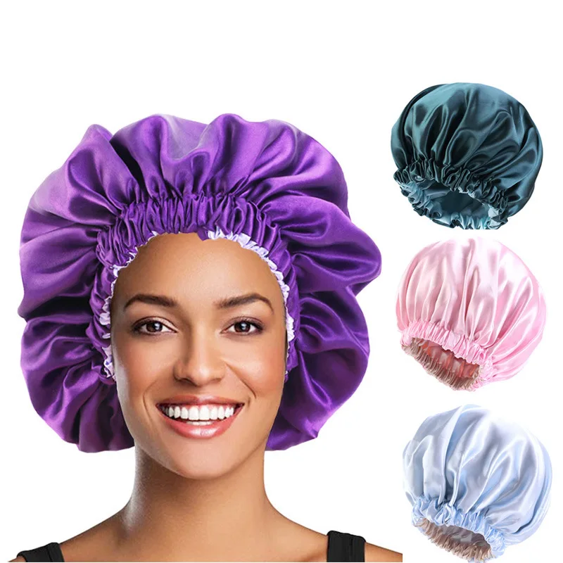 Extra Large Diameter 38cm Double Layer Silk Hair Bonnet Cap Plain Sleeping Reversible Satin Bonnet