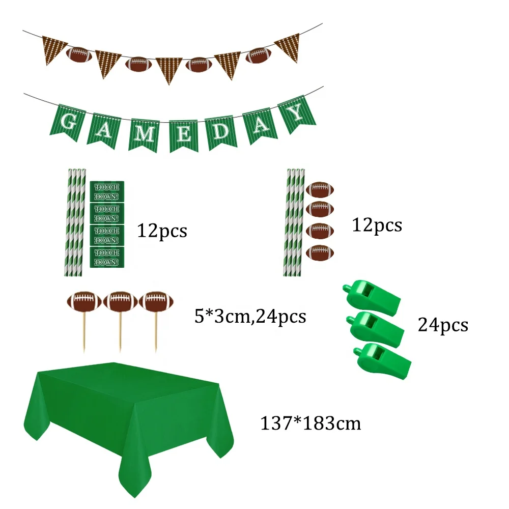 Football theme party supplies Football flag banner Cupcake Toppers Straw kit