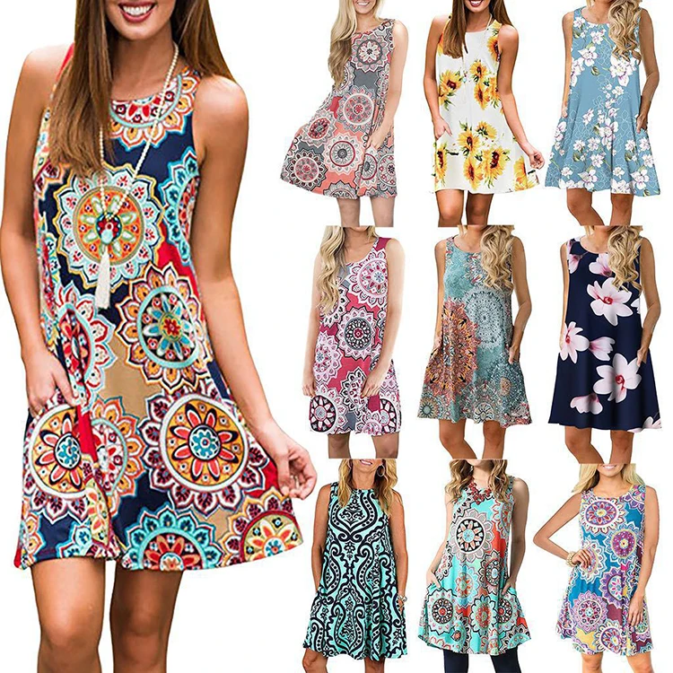 Mini Retro Tank Dress Floral Tshirt Sundress Sleeveless Pockets Casual Loose Sundresses Women Summer 2022