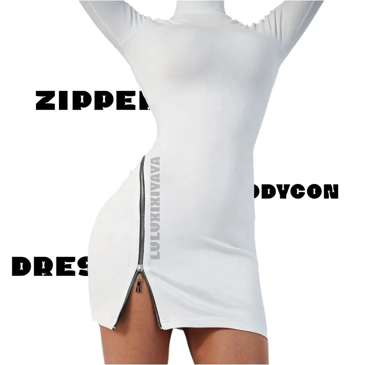 Luluxixiyaya Fashion Slash Asymmetry Sexy Zipper Up Thigh Mini Length Bodycon Turtleneck Night Long Sleeve Dress