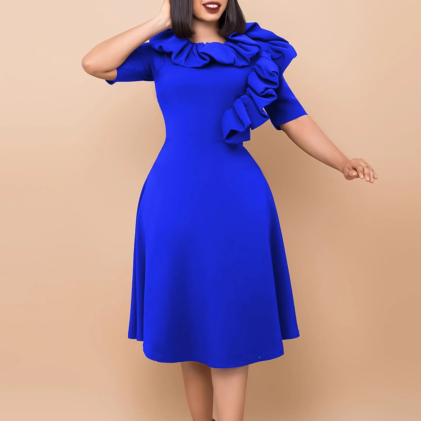 D417 Latest Design Fashionable Autumn Dresses 2023 Solid Color Ruffle A-line Elegant Dresses Casual Women African Dresses