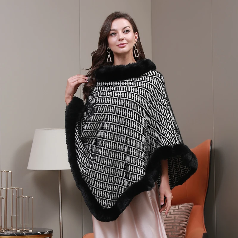 Fall And Winter Of Fashionfaux Fur Trim Cape Quality Fabric Fox Fur Trim Women Cape Coat Faux Cashmere Fur Shawl poncho shawl