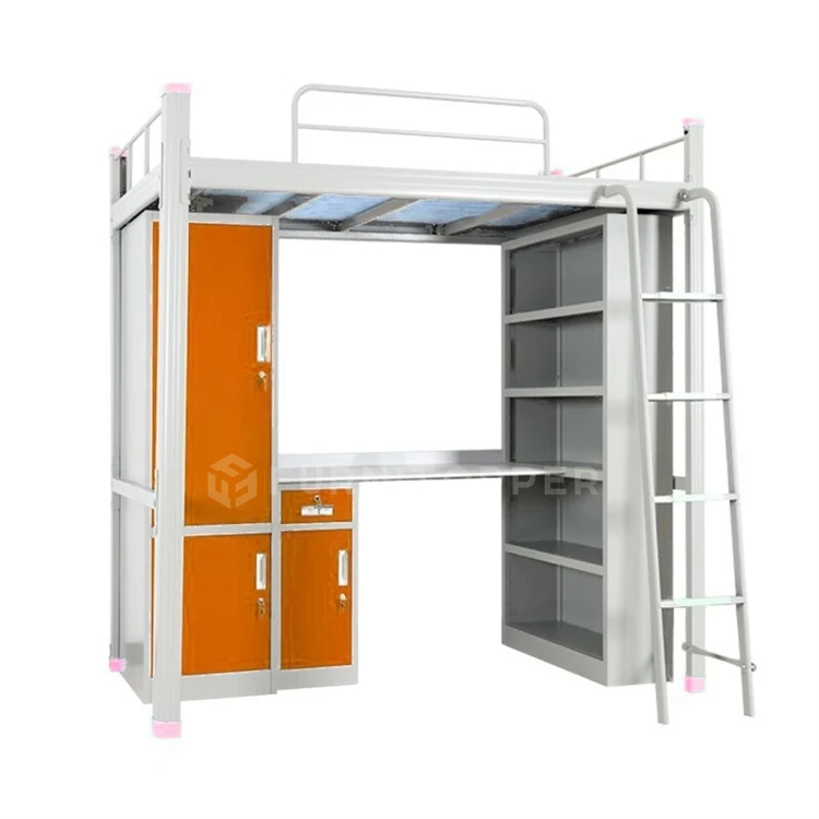 Twin Platforms Steel Loft Bed Metal Bunk Bed With Built-In Desk For Dormitory Bedroom Boys Girls Adults