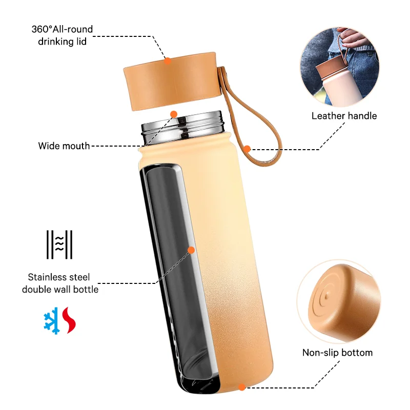 360 WATER outlet bounce cover Double stainless steel vacuum water bottle with leather side handle