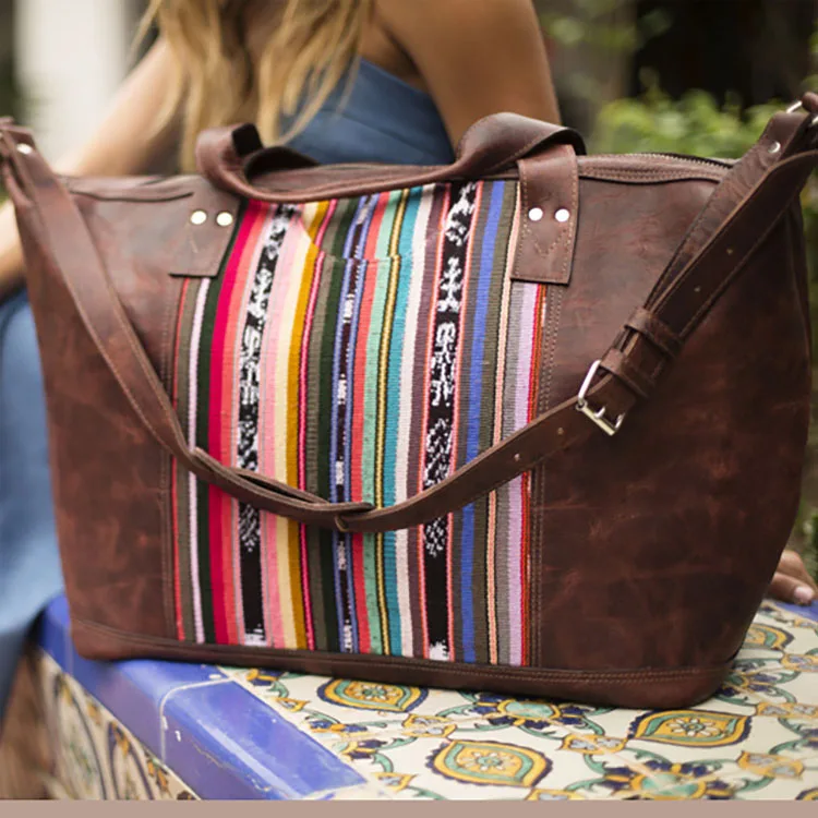 American Style Womens Bag Western Boho Serape Leather Handbag Brown Leather Serape Tote Bag