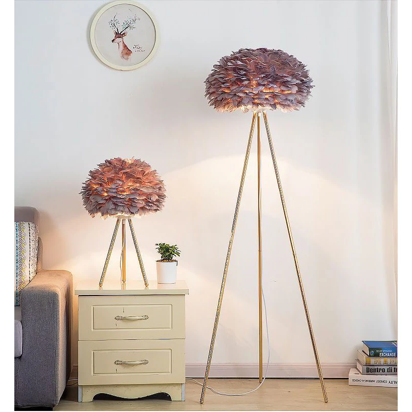 Triangle Black/White Drum Floor Lamp Modern Feather  Foot Switch for Living Room Bedroom Dresser Office Framhouse