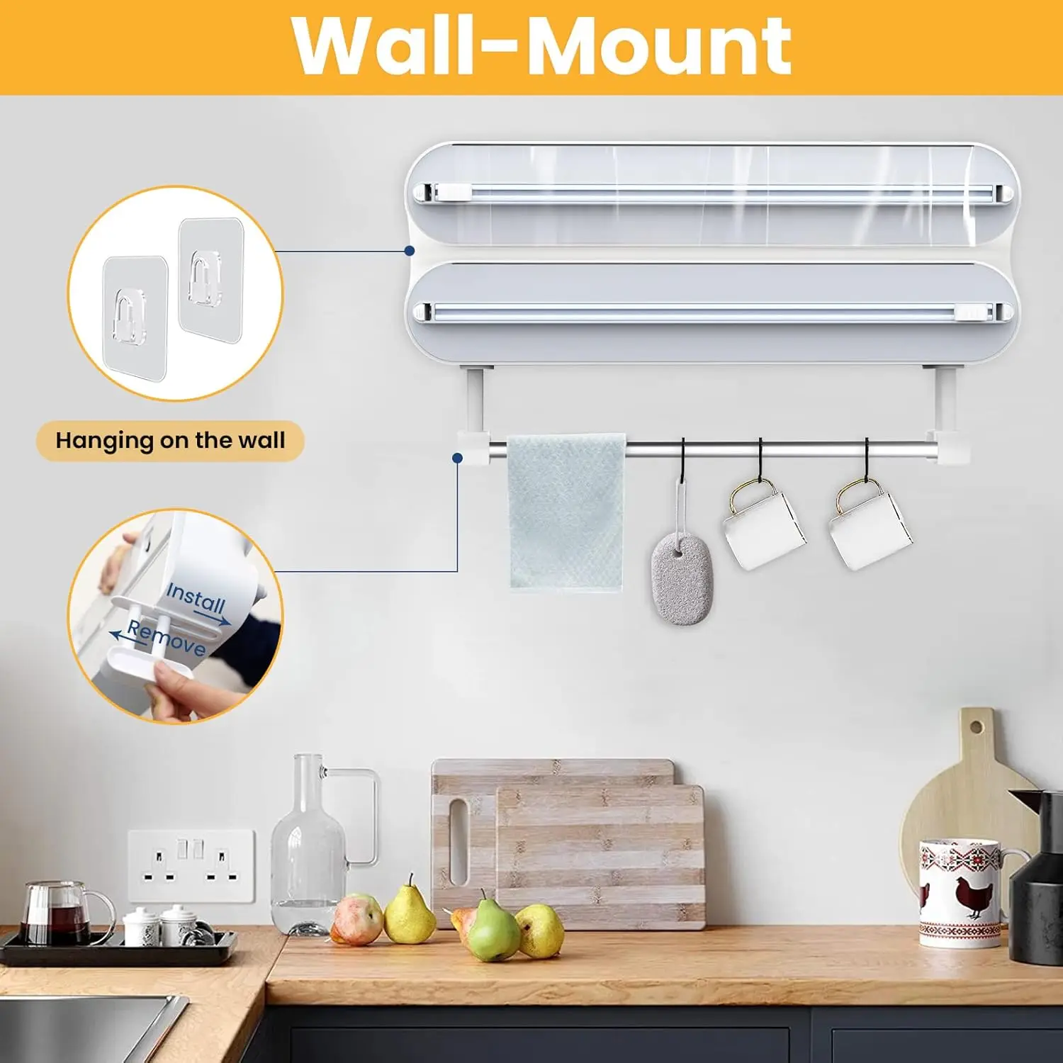 3-in-1 Kitchen Organizer Wall Mount Magnetic Rack Cling Film Dispenser Shelf for Towel Baking Paper Roll Foil Plastic Wrap