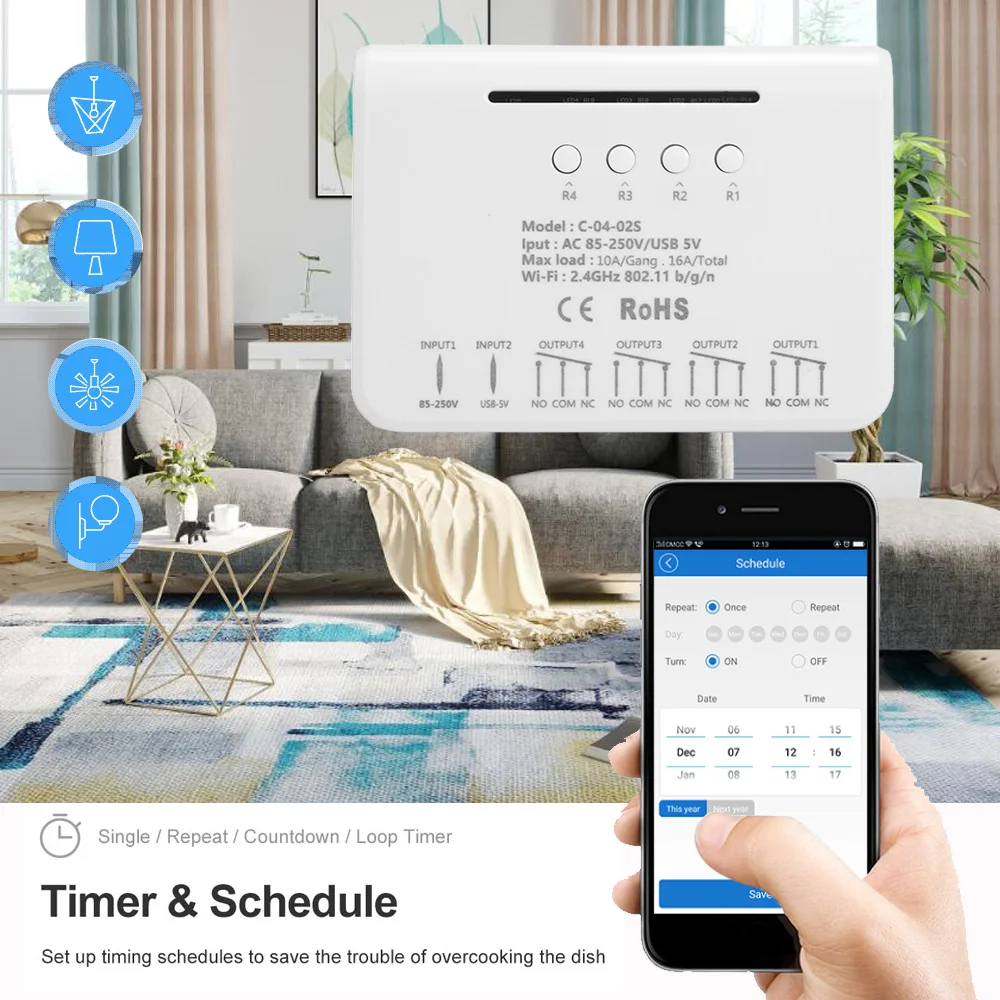 4CH EWelink Smart Wireless Switch 7-32V 12V 24V WiFi2.4G USB 5V Relay Module RF Smart Home APP Remote Control