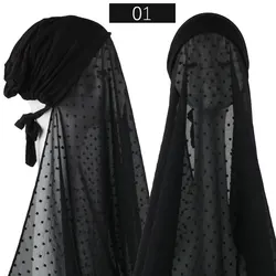 Muslim Women Pom Pom Chiffon Instant Hijab Scarf With Cap Pinless HIjabs Scarves Shawl with Under Caps Bonnet Headscarf