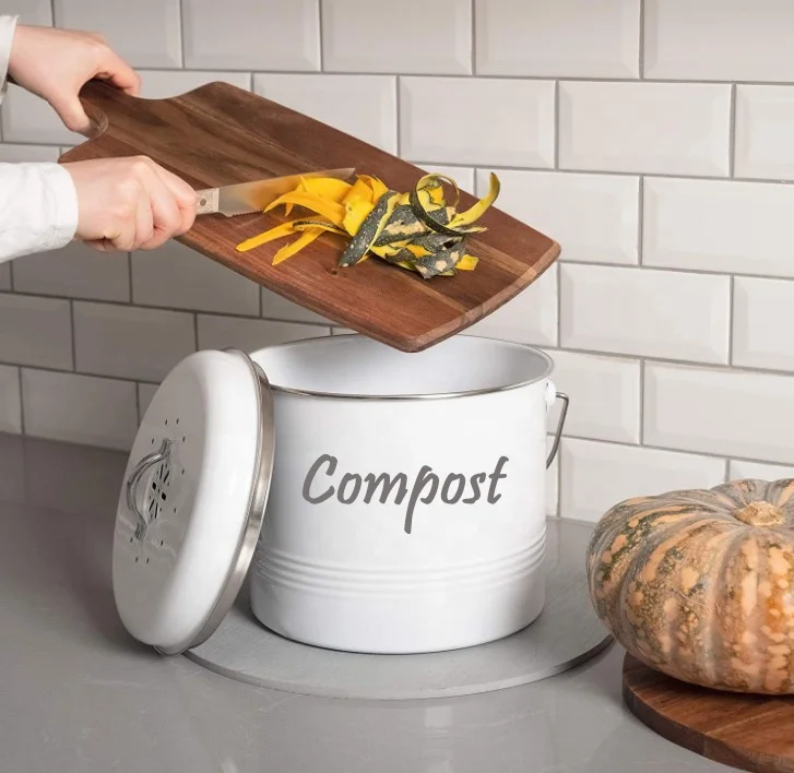 Kitchen Countertop White Compost Bin With Inner Bucket & Charcoal Filter Metal Food Waste Compost Pail