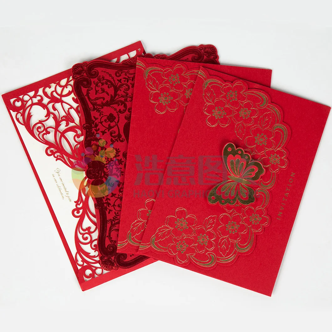 Custom Printing Laser Cut Luxurious Wedding Invitations Red Elegant Wedding Invitation Paper Cards