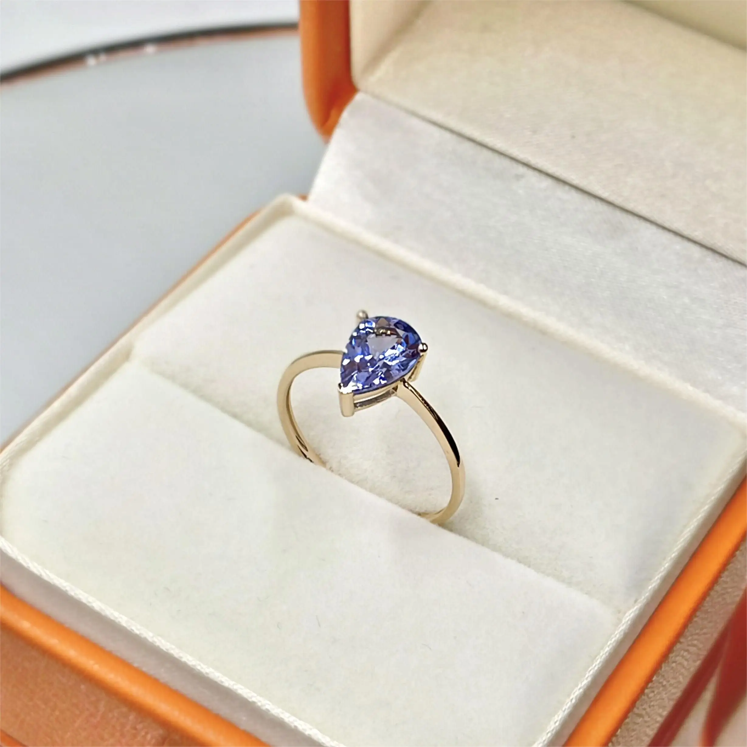 Real 14k Yellow Gold Ring with 1.5ct 6.0x9.0mm Classic Design Pear Cut Natural Gem AA Tanzanite