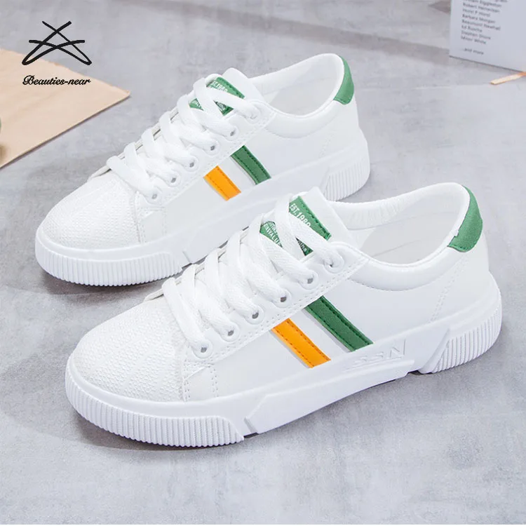 RTS Fashion new PU material women strip casual white sport school lace up shoes