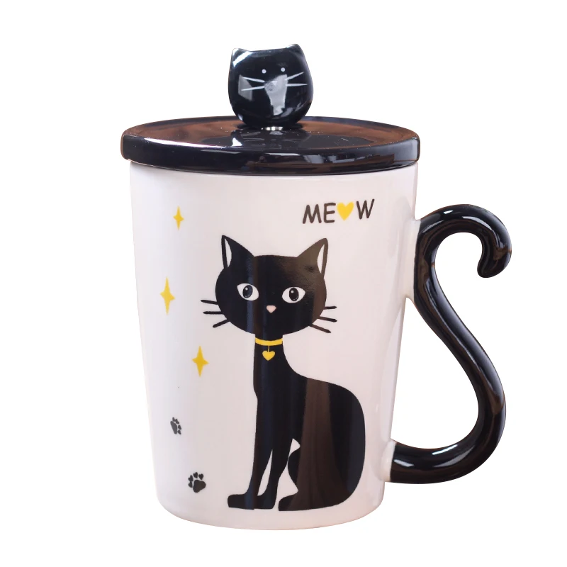 Factory Wholesale Creative Cartoon Cat Tail Handle Milk Ceramic Cup Animal Advertising Promotion Mug With Lid