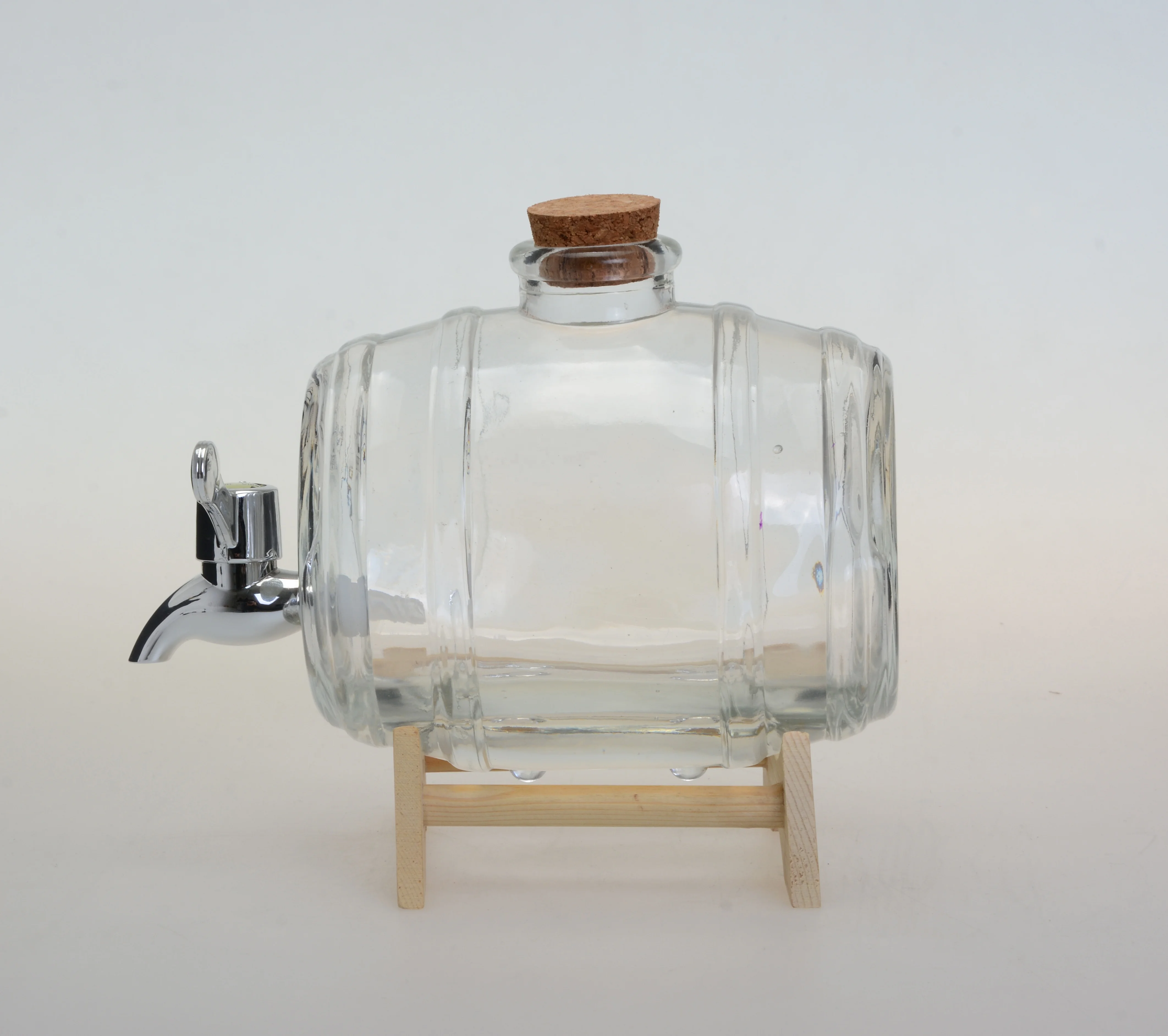Custom 1L drum shape water cans glass wine barrel beer barrel with cork tap and wooden stand