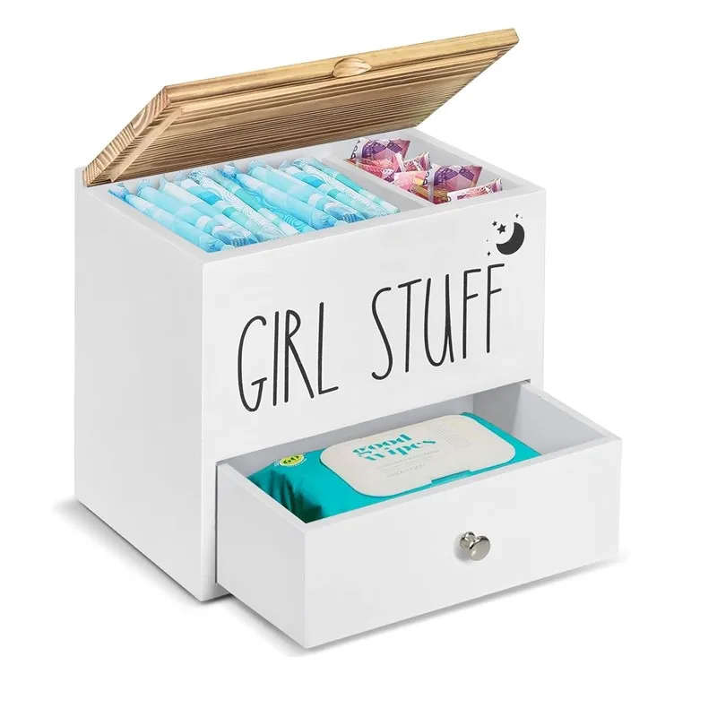 Customized White Wood Tampon Holder Storage Box Mounted Wall Feminine Partition Case with Drawer