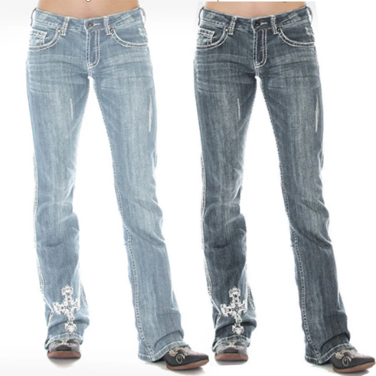 
Wholesale 2020 New Style Embroidery Straight Fashionable stacked Jeans Pants For Women 