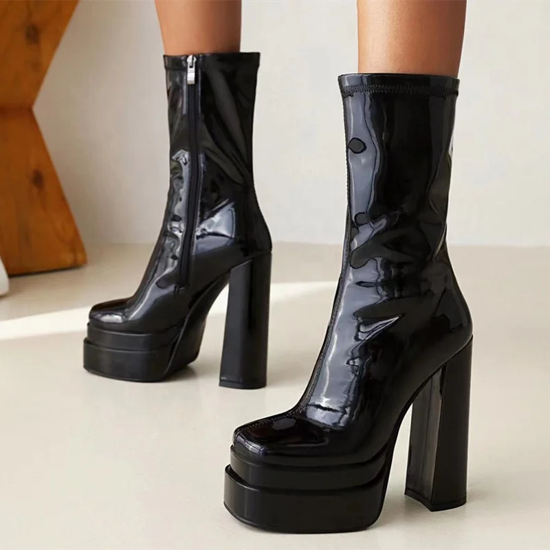 Winter Anti-cold High Toe Platform Boots Stone Print PU Patent Leather Square Toe Black High Heel Ankle Boots for Women Zip 43