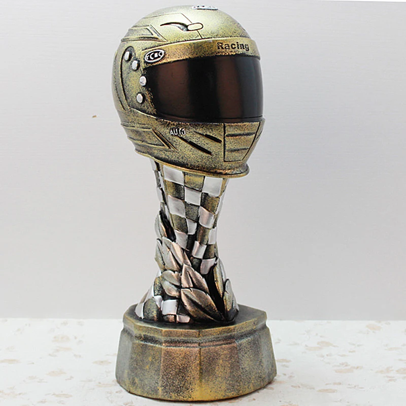 Wholesale resin crafts decor antique bronze racing helmet trophy sculpture polyresin sports award souvenir statue unique gifts