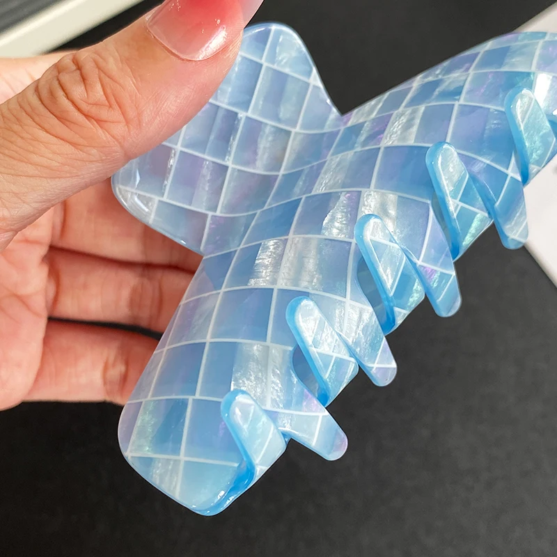 HONEY 9.5CM Acetic acid sheet advanced color plaid grab clip all hair shark claw,Versatile hair curling shark clip