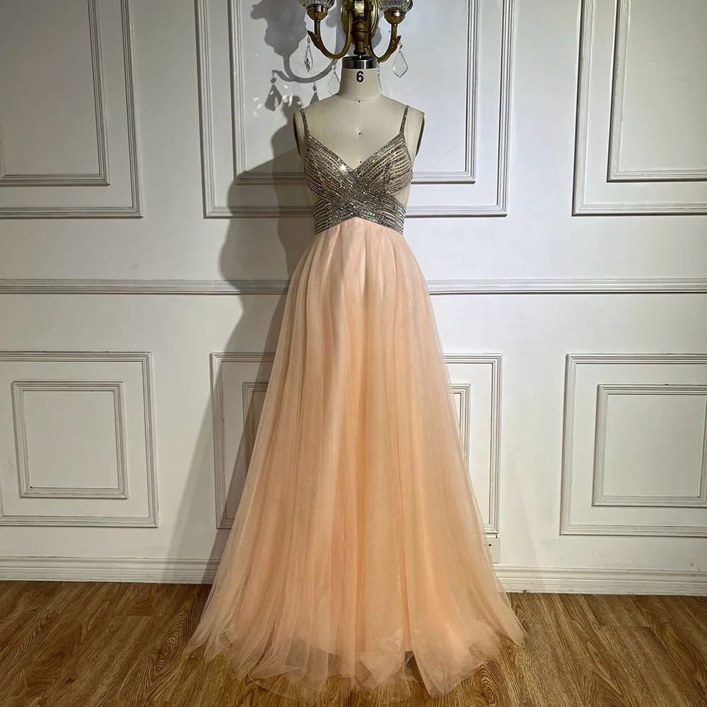 Peach Spaghetti Strap Beaded A-Line Prom Dresses Serene Hill LA72629 Elegant Simple Party Gowns for Women