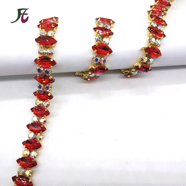 
wholesale Red AB crystal cup chain flower transfer diamond rhinestone roll for india ethnic clothing 