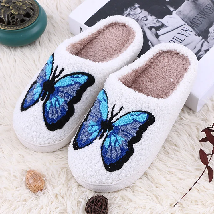 Butterfly Printed Bedroom Slippers Women Thick Plush Warm Winter Home Shoes Woman Indoor Soft Sole Non Slip Flat Cotton Slippers