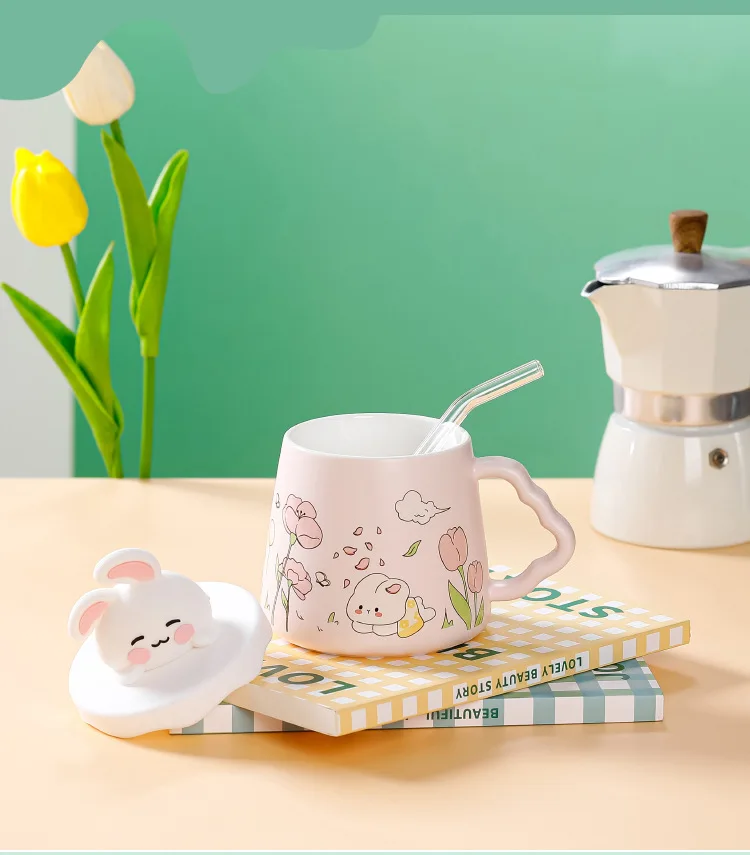 420ml Cute Bunny Ceramic Mug With Lid And Straw Couples Coffee Mug Gift Mugs