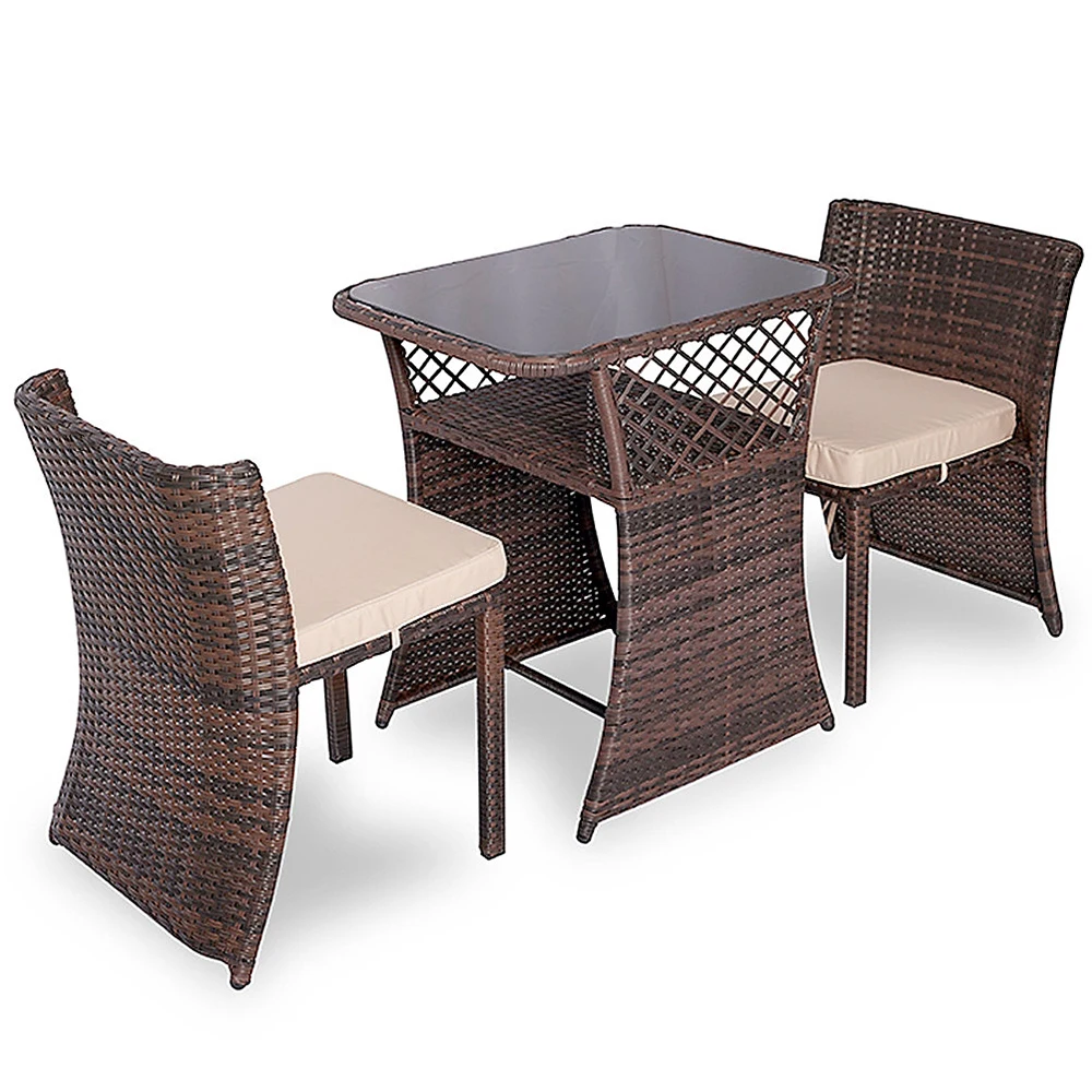 3 Piece Rattan Outdoor Patio Bistro Mini Set with Cream Cushions Without Assembly Space Saving Design Compact Table and Chair