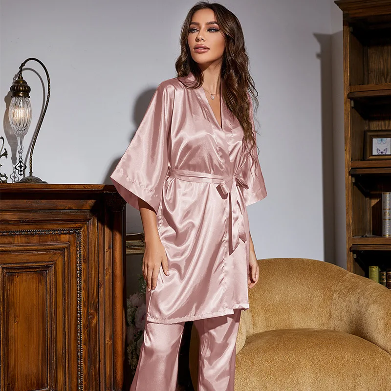 2023 High Quality Custom Solid Women Silk Satin Cami Pajamas and pants solid sexy Robe 3 Piece pajamas Set