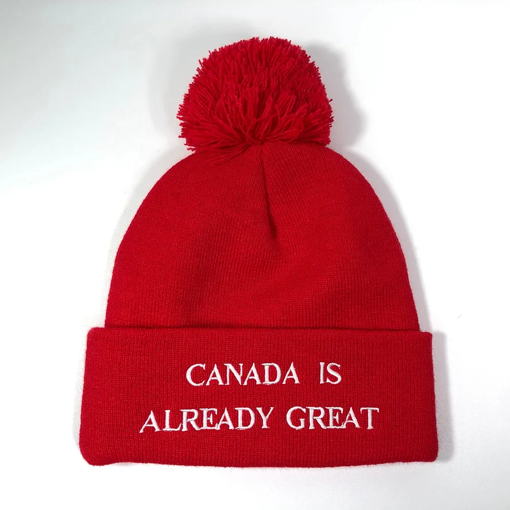 OEM popular classic fashion acrylic red colorful unisex pompom warm winter knit hat custom embroidery logo design Canada toque