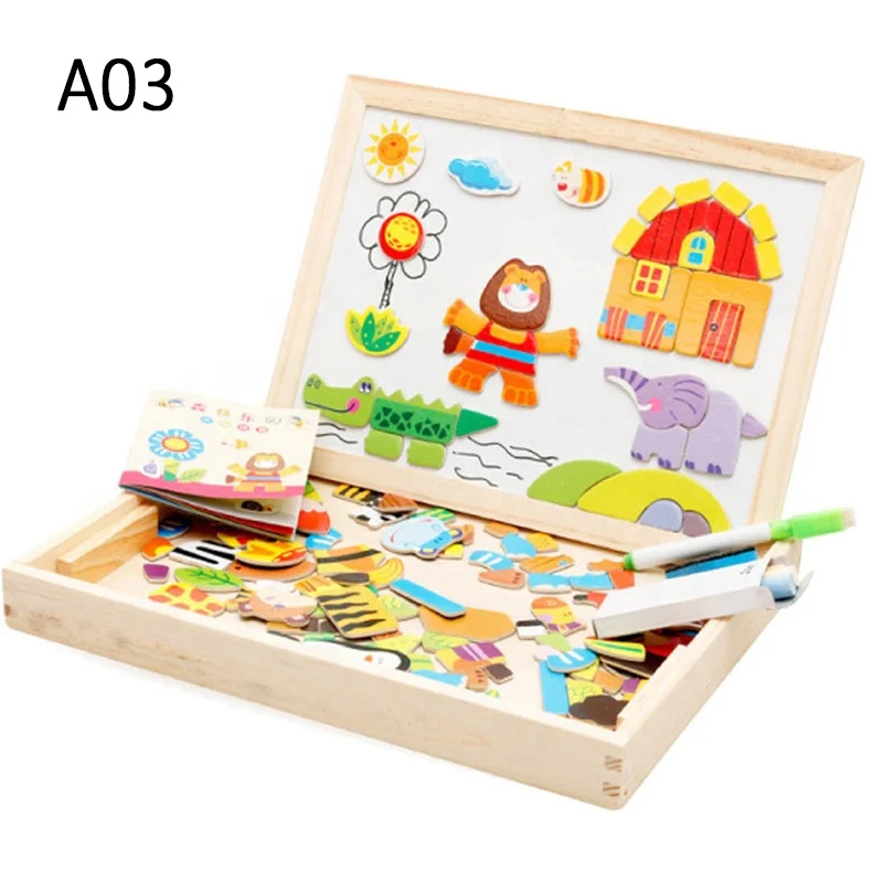 Kids Double Sided Toddler Easel Educational Toys Wooden Double Side Magnetic Drawing Board Jigsaw Puzzles Black&Whiteboard