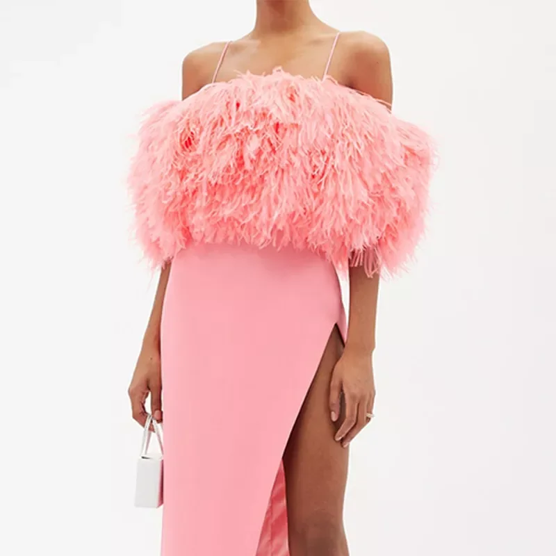 Evening Wedding Dress Ostrich Feather Trimmed Asymmetric Hem Crepe Side High Split Dress Elegance With Back Zip