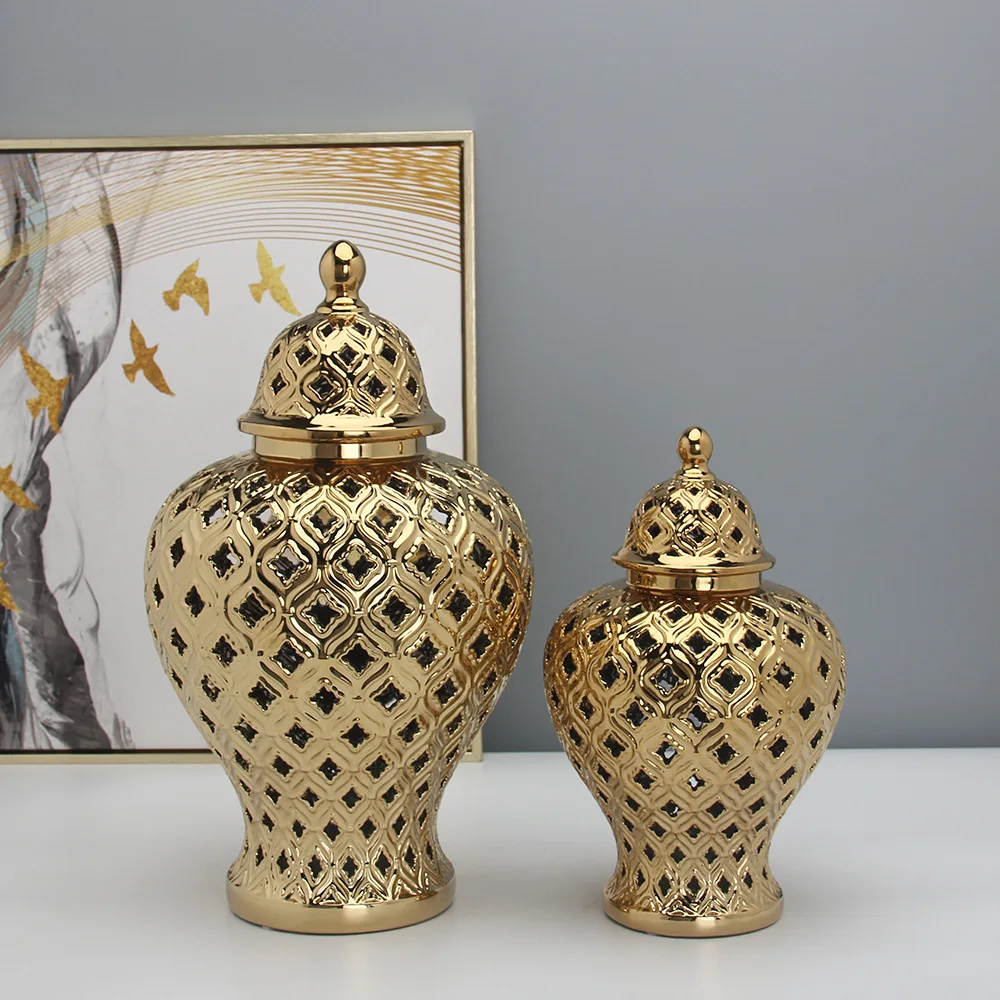 Wholesale Custom Home Hotel Decorative Modern Nordic Luxury Hollow Large Huge Big Ceramic Gold Hammered Ginger Jar Vase