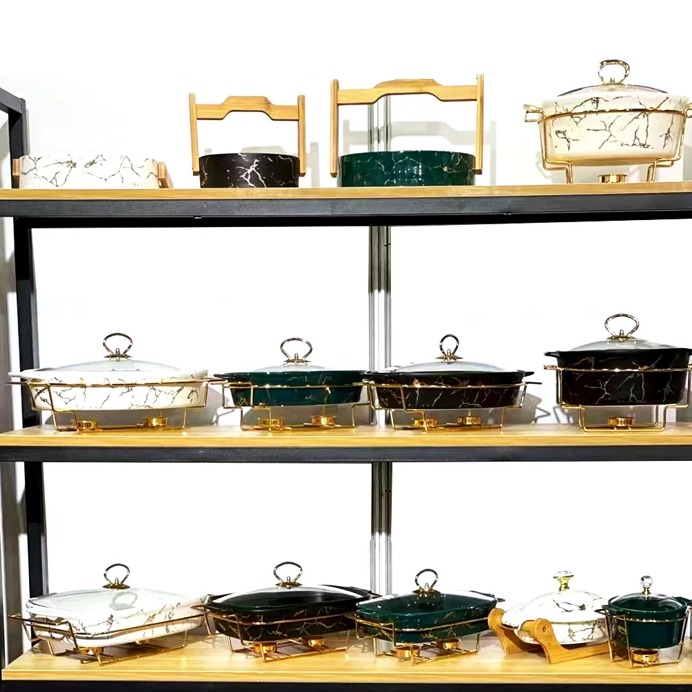 Factory Direct Sales Cookware Oval Square Customized Sand Pot With Iron Frame Marble Ceramic Buffet Soup Pot OEM Cookware Set