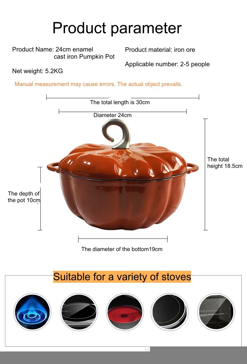Wholesale Multi-function Cast Iron Casserole Pot orange Enamel Dutch oven 25cm Pumpkin Shape Stew Soup Pot With Lid