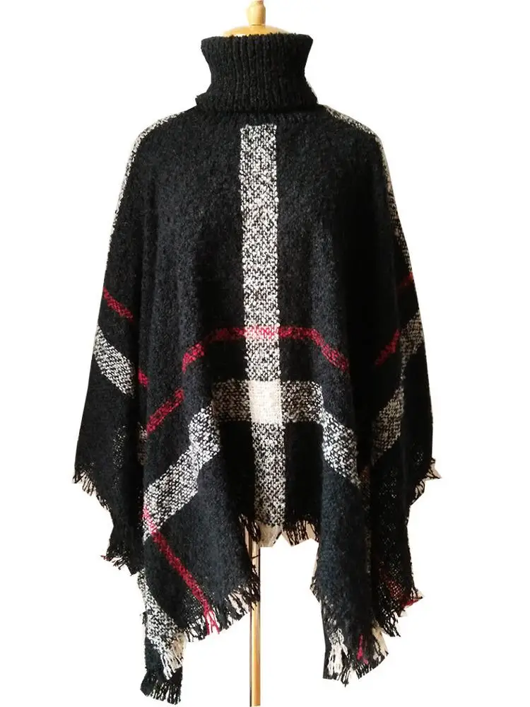 
New Arrival Fashion High Collar Plaid Tassel Cloak Shawl Sweater Winter Poncho For Women Winter 
