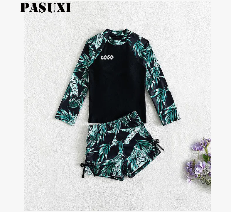 PASUXI Long Sleeve Kids Swimsuit Girls Beachwear Cute Bright Floral Print Bikini Rashguard Girls Swimwear For Child