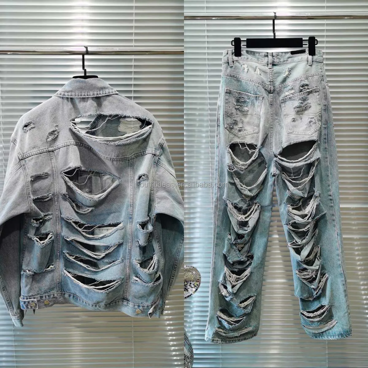 Exaggerated New Luxury Distressed Oversized Super Destroyed Denim Black Layered Baggy Blue Jackets Wide-leg Ripped Jeans For Men