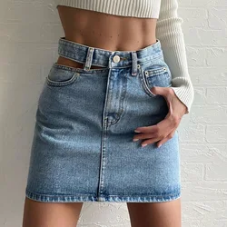 SK2010 Amazon Top Sellers Washed Hollow Out Slim Blue Jeans Skirt Women Mini Skirts