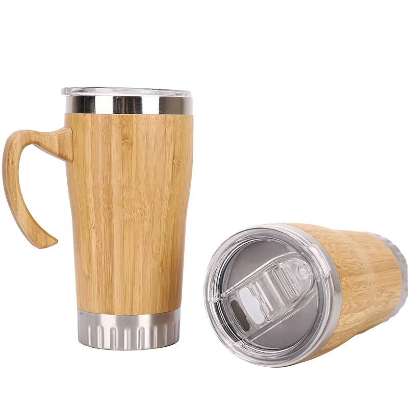 Reusable Eco-friendly Stainless Steel Coffee Insulated Travel Mug Bamboo Cup with Handle Double Wall Insulated Tumbler with Lid