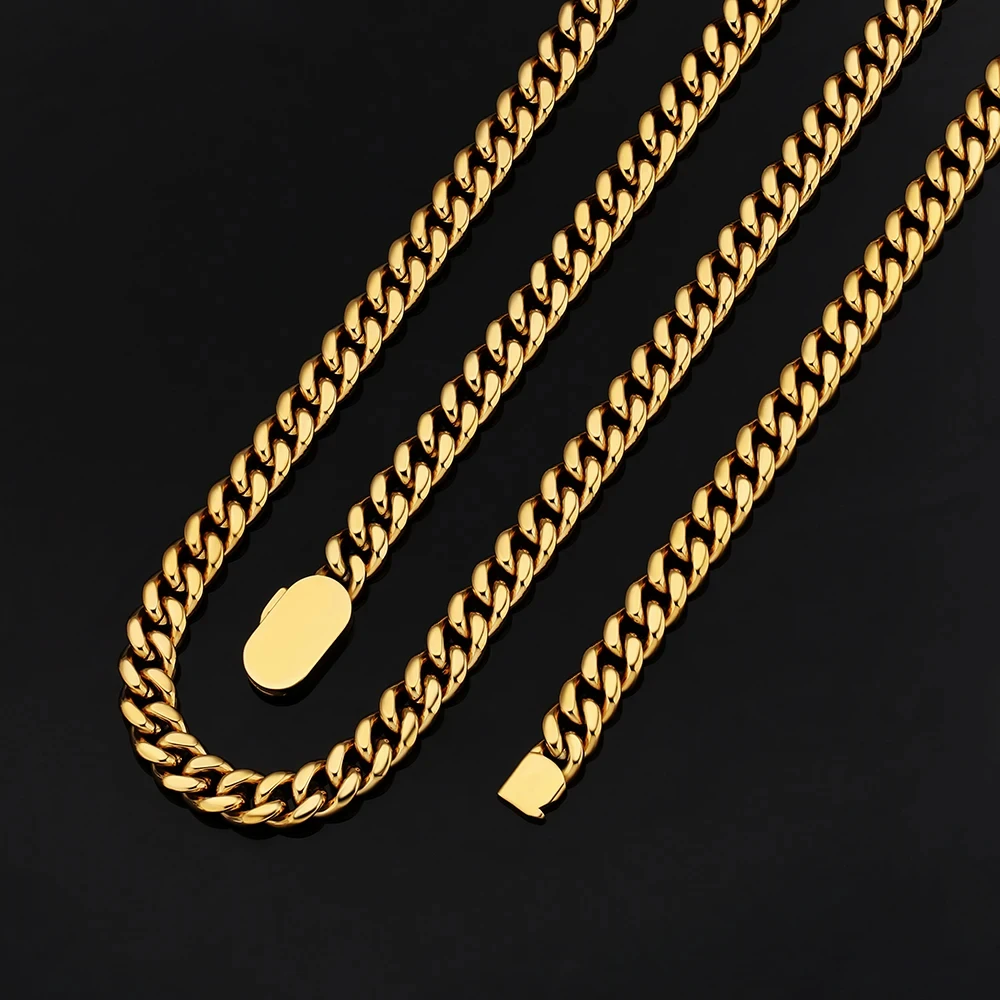 18K PVD Gold Plated Jewelry Wholesale 8MM Miami Curb Cuban Link Chain 316L Stainless Steel Bracelet Necklace for Men Women