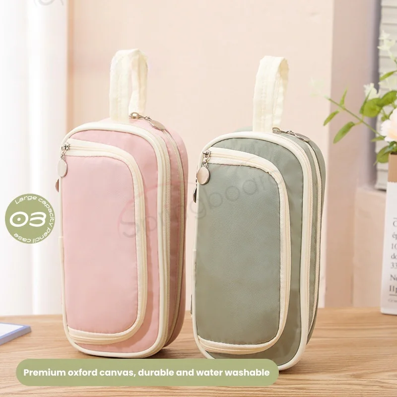 2024 Latest Large Capacity Simplistic Tri-Layer Composited Cloth Pencil Case with Handle for Students Three Layer Pencil Box