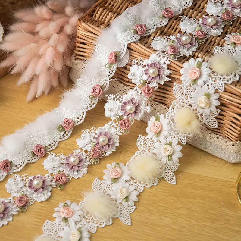 Wholesale Beaded Lace Trim Fabric Luxury 3D Shoes Hat Accessory Webbing Bridal Lace Garment White Apricot