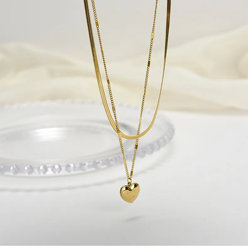 18K Gold Plated Stainless Steel Necklace Jewelry Women Love Heart Pendant 2 Layers Necklace
