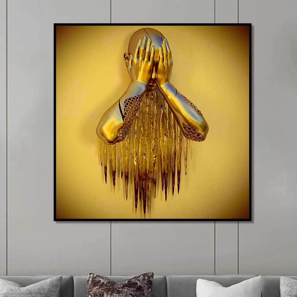 Luxury Custom Portrait Painting Abstract Golden Sculpture Kiss Lover Wall Art  Canvas Painting For Home Decor