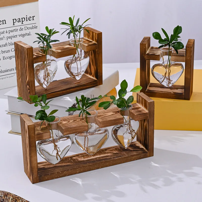 Home Decor Station with Wooden Stand Bulb Vase for Hydroponics Plants Wall Hanging Glass Planter Tabletop Terrarium Wood Stand