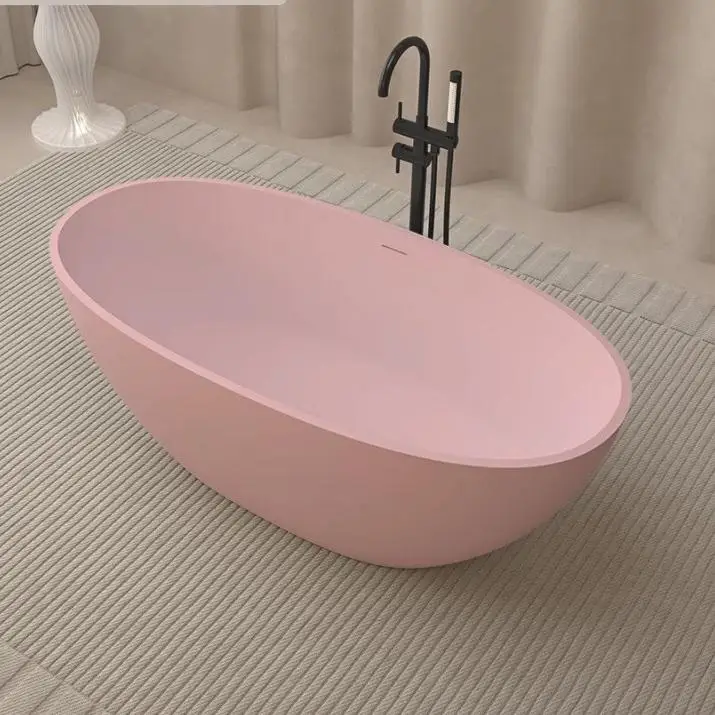 Pink Luxury Easy Maintain Tub Freestanding Artificial Stone White Pure Acrylic Solid Surface Bathroom Hotel Bathtub With Faucet