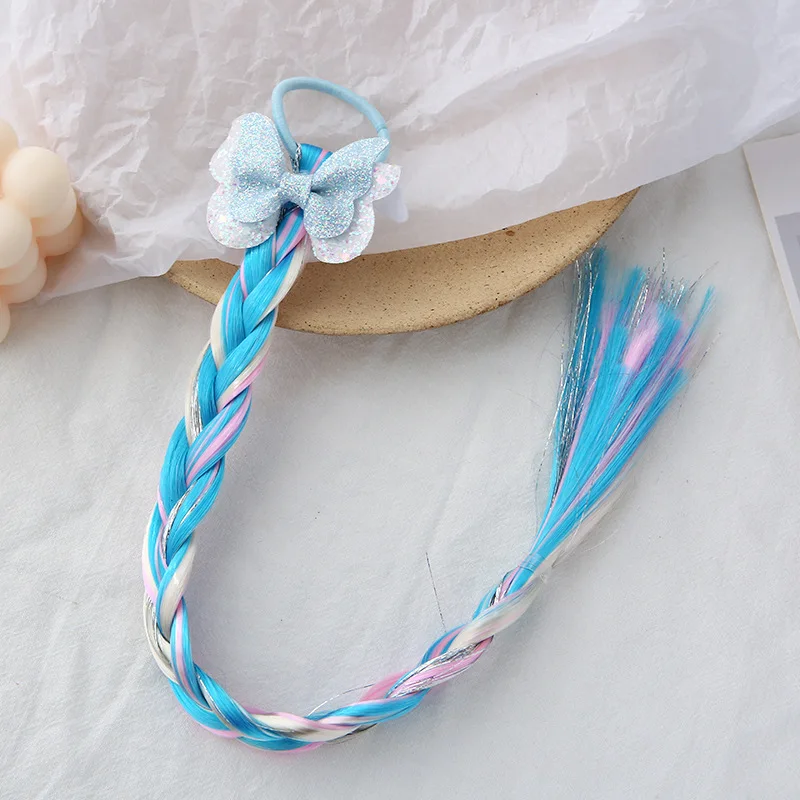 Korean new design child kids bow tie accessories rainbow color braided hand tied human hair wigs for girls