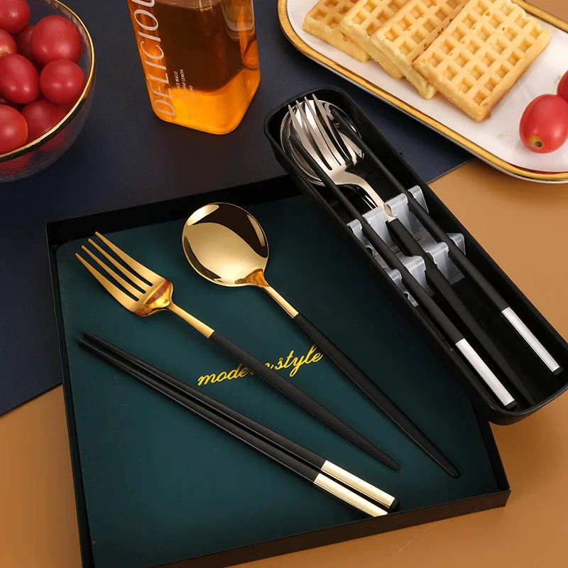 JT-123 Stainless Steel Portable Cutlery Spoon Fork Chopstick 3pcs Utensils with Box Travel Camping Outdoor Cutlery Set